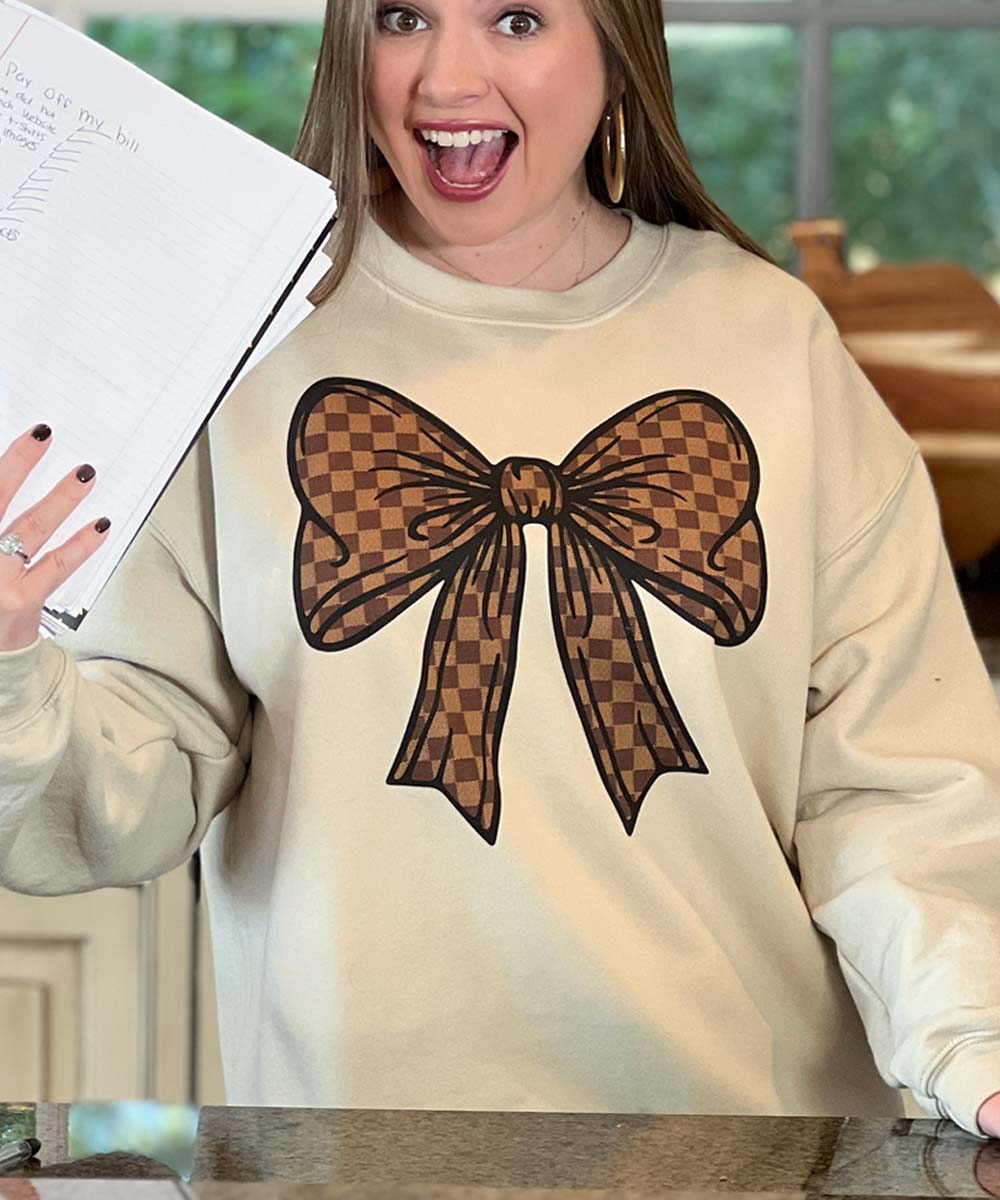 Brown Checkered Bow Sweatshirt