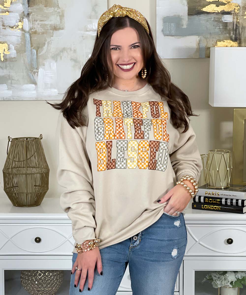 Checkerboard Thankful Grateful Blessed Sweatshirt