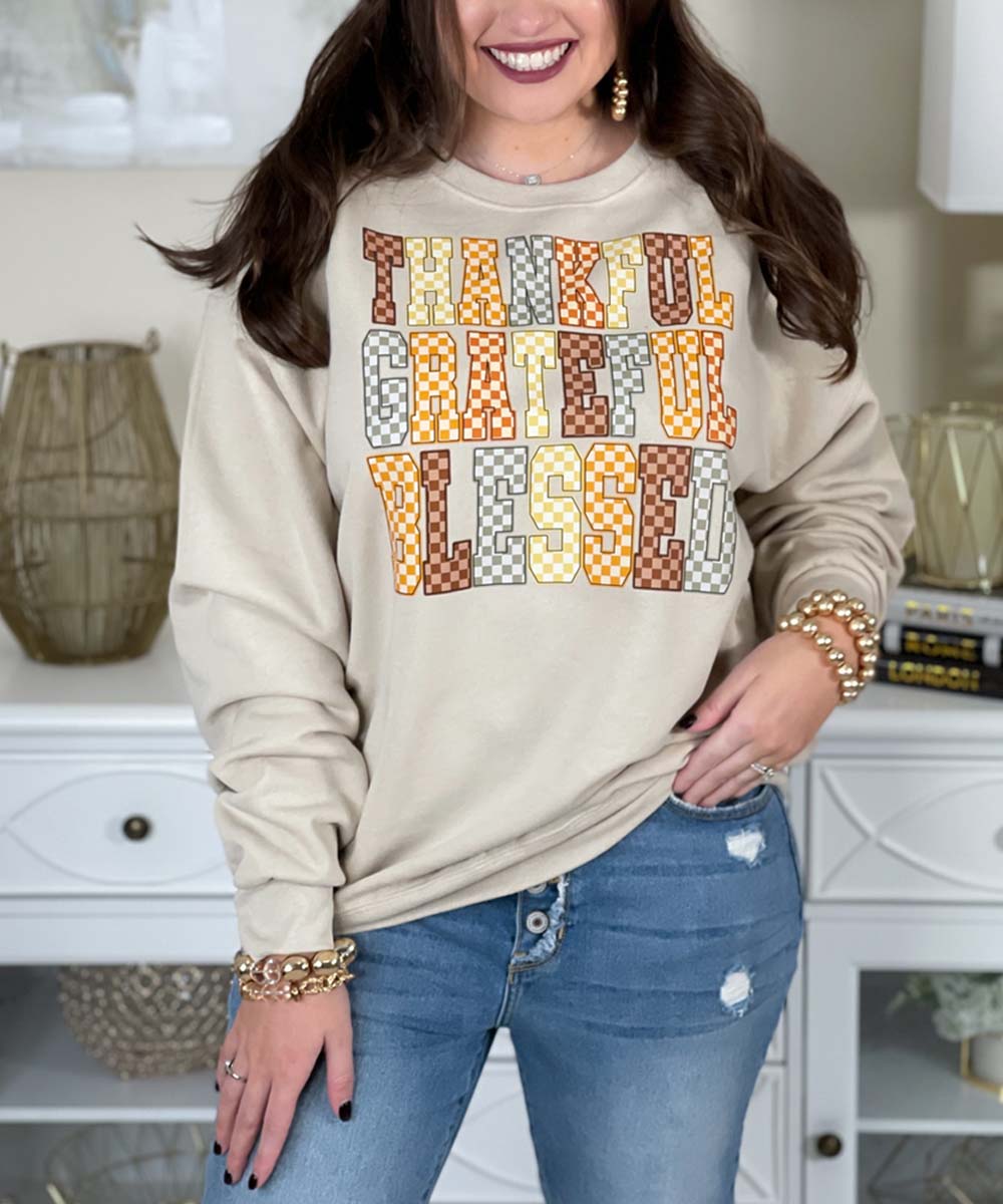 Checkerboard Thankful Grateful Blessed Sweatshirt
